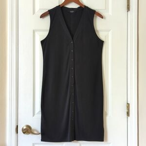 Lucky Brand Retro Ribbed Button Front V-neck Sleeveless Mini Dress Dark Gray S